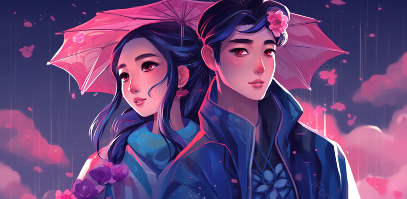 手绘风插画情人节古风情侣雨伞首页,插画/手绘图,插画/手绘图库,插画/手绘图下载,插画/手绘